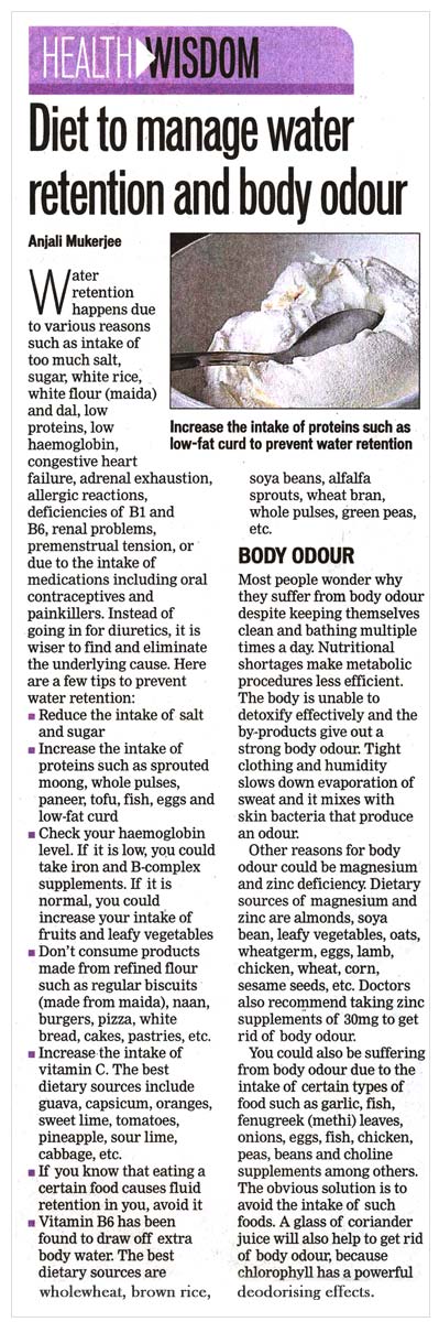 Diet to manage water retention and body odour